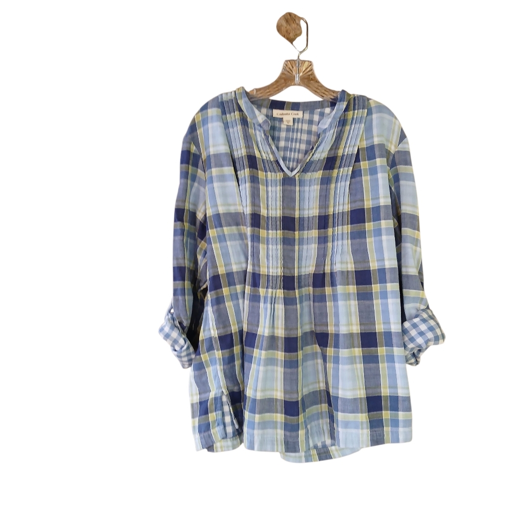 Coldwater Creek Blue Plaid V Neck Long Sleeved Cotton Tunic Size 1X